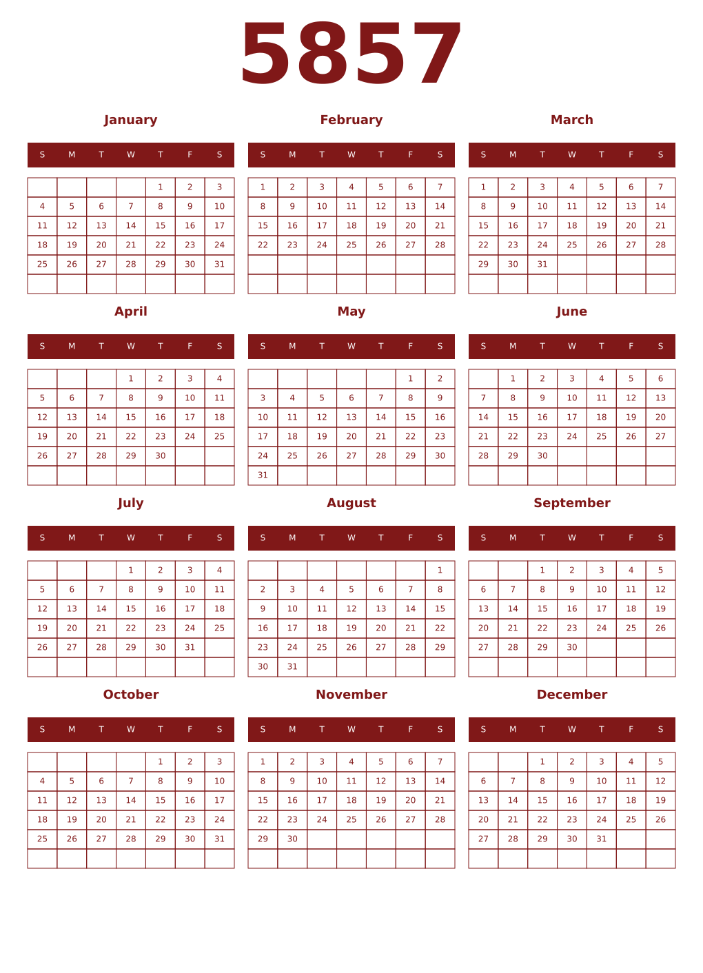 Printable 5857 Year Calendars falu