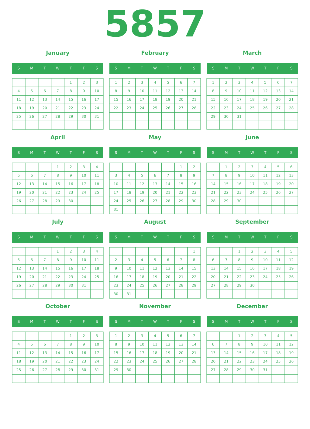 Printable 5857 Year Calendars green