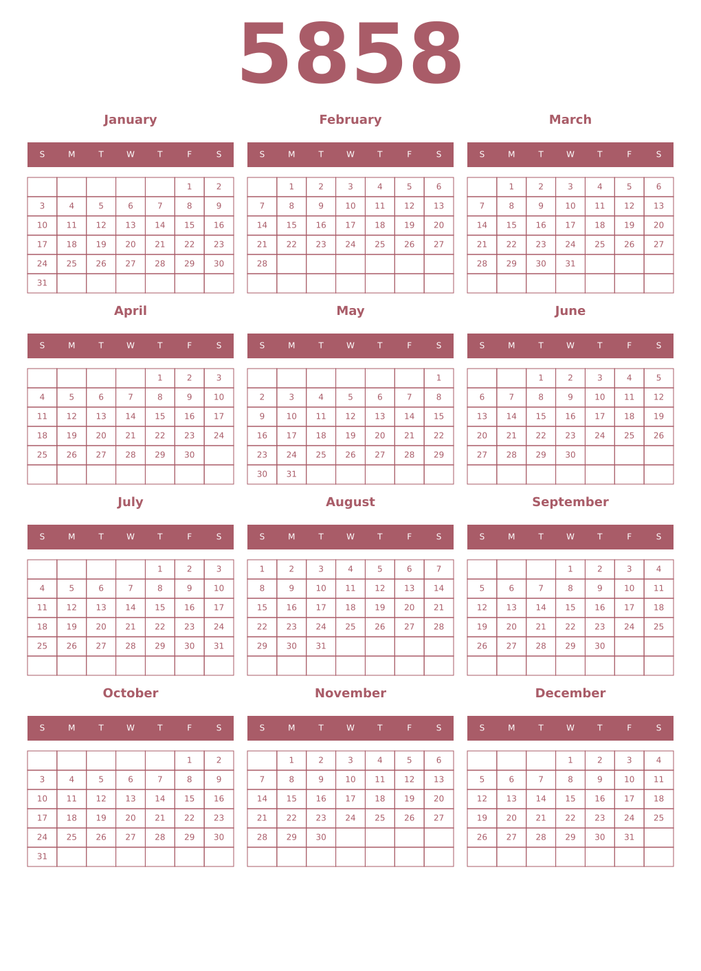 Printable 5858 Year Calendars puce