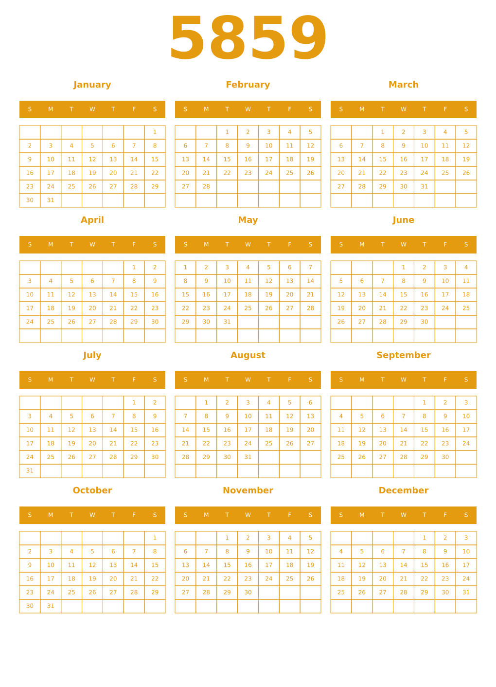Printable 5859 Year Calendars gamboge