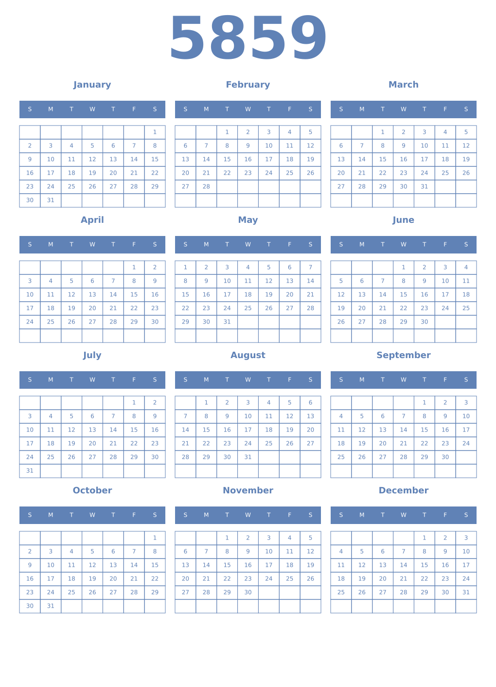 Printable 5859 Year Calendars glaucous