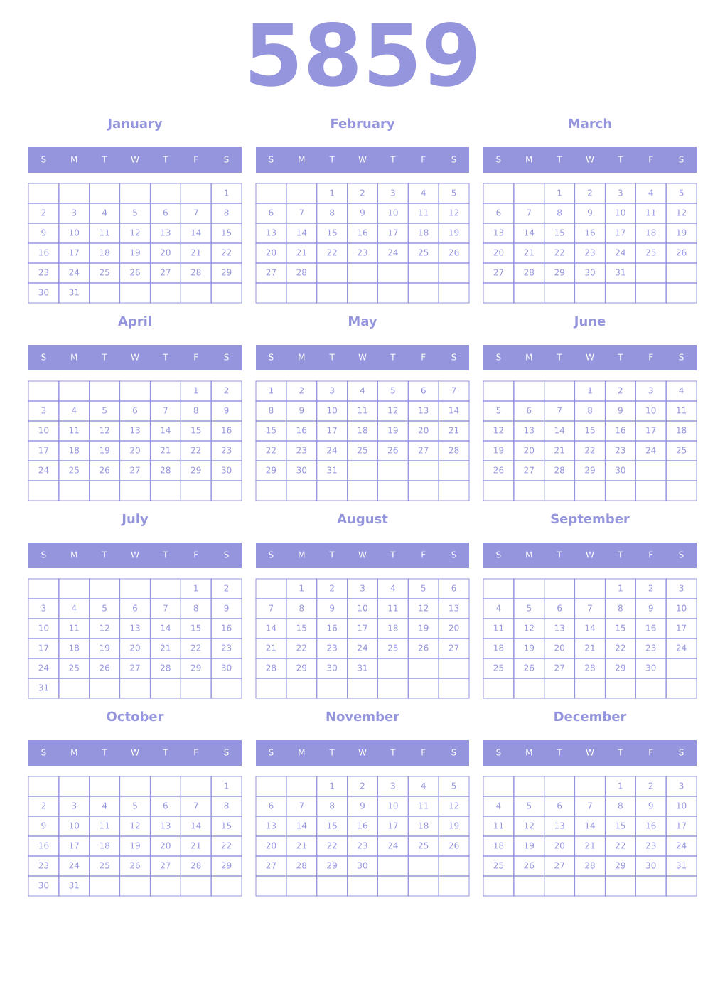 Printable 5859 Year Calendars periwinkle