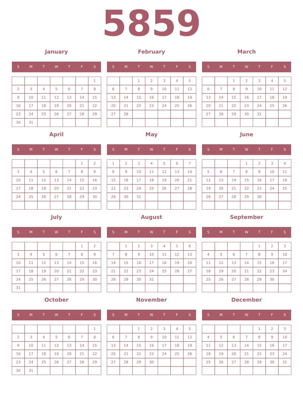 Printable 5859 Year Calendars puce