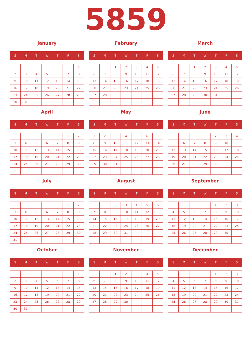 Printable 5859 Year Calendars red