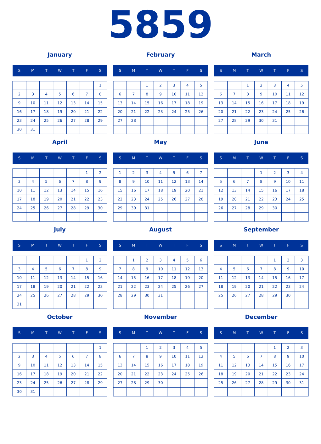 Printable 5859 Year Calendars smalt