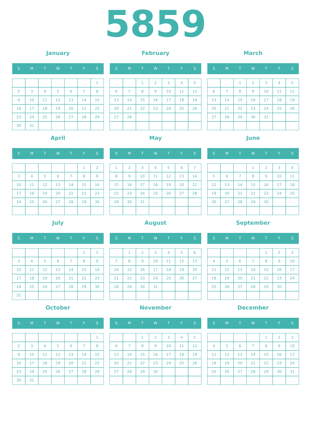 Printable 5859 Year Calendars verdigris