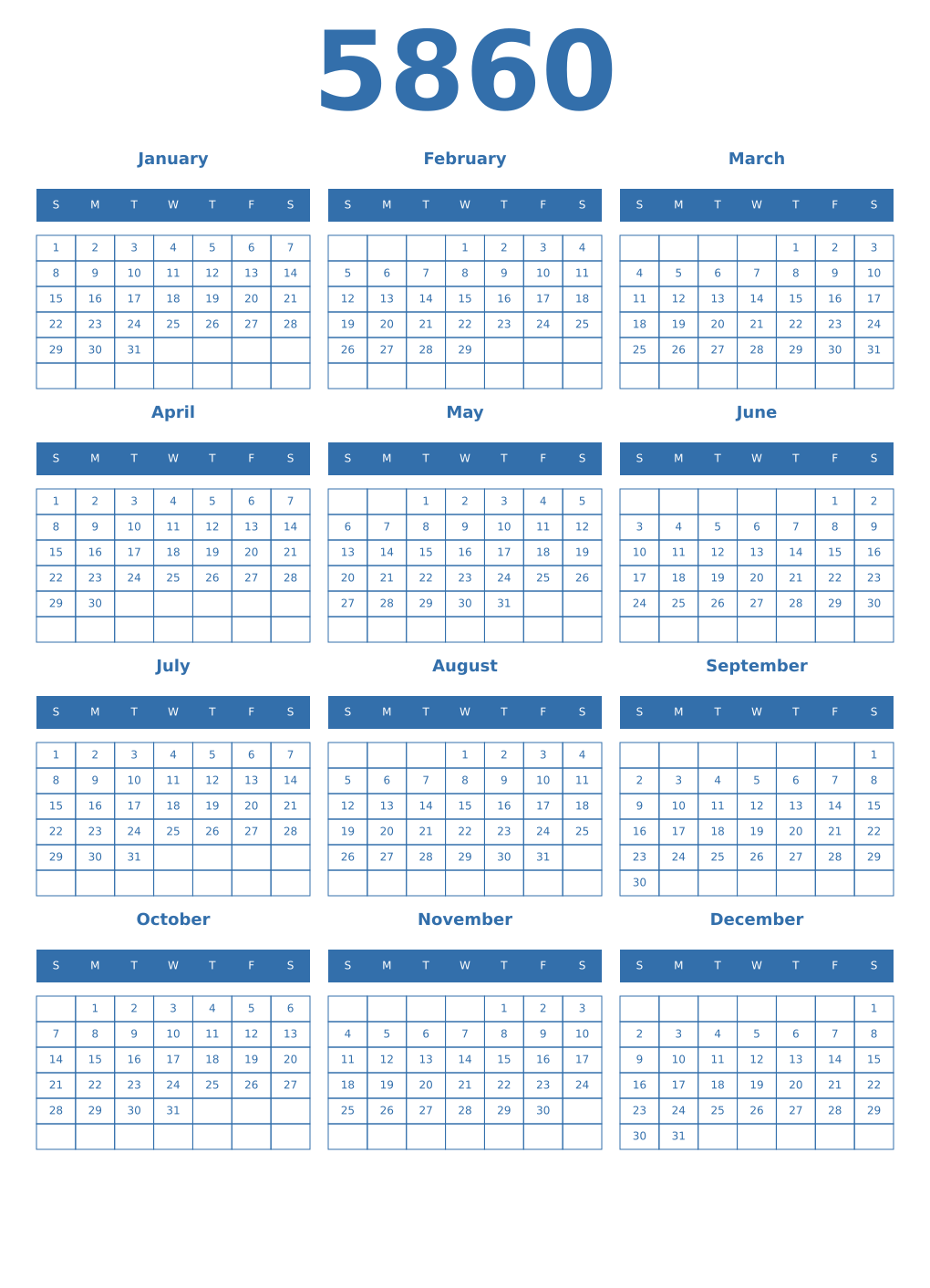 Printable 5860 Year Calendars blue