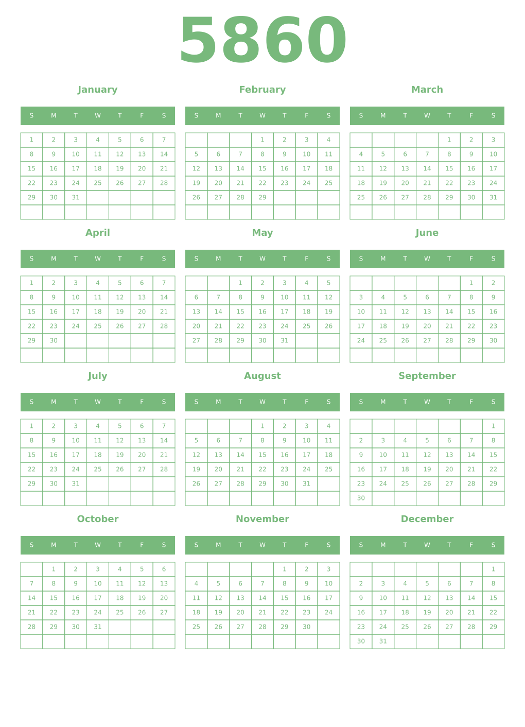 Printable 5860 Year Calendars celadon