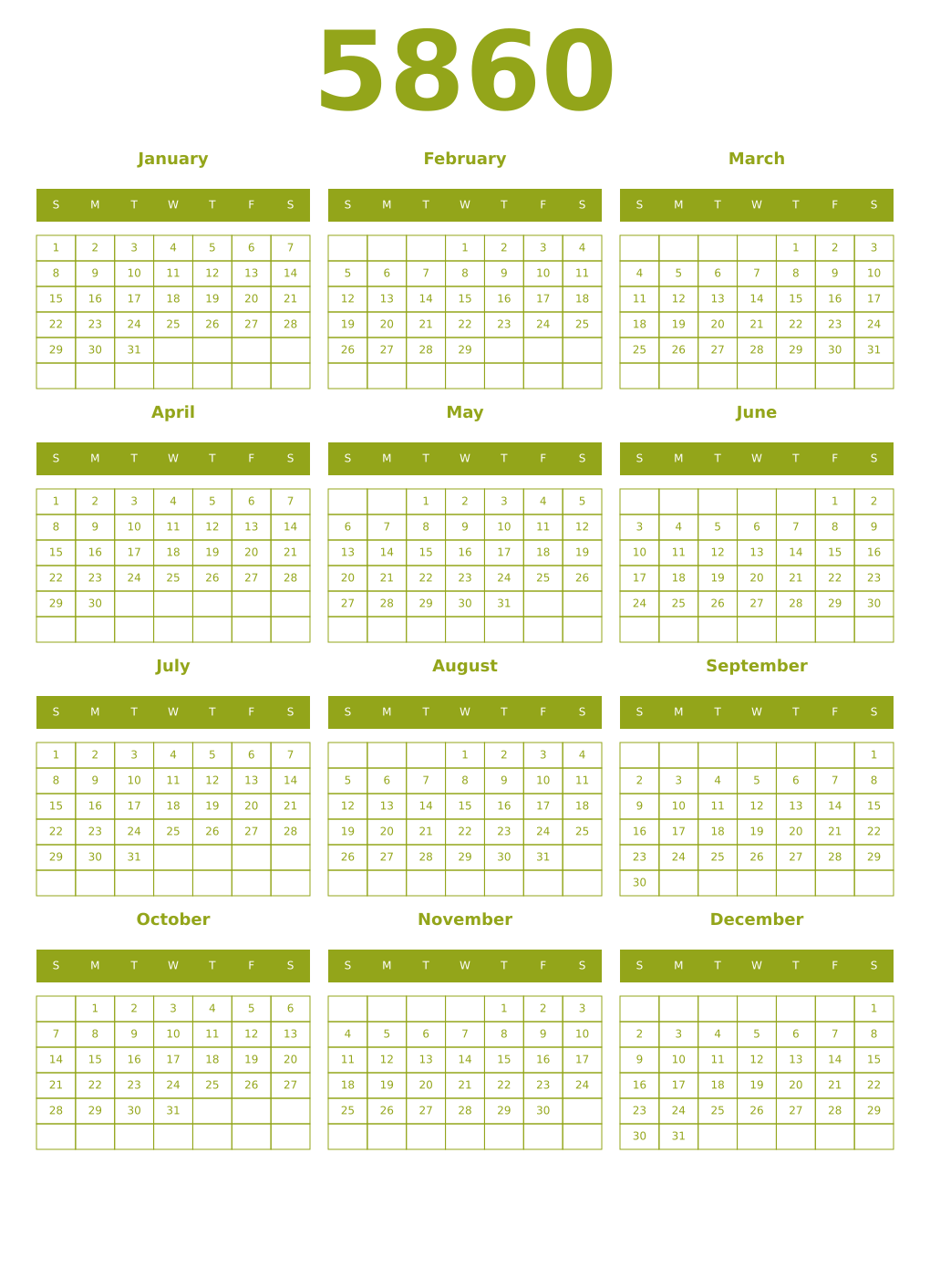 Printable 5860 Year Calendars chartreuse
