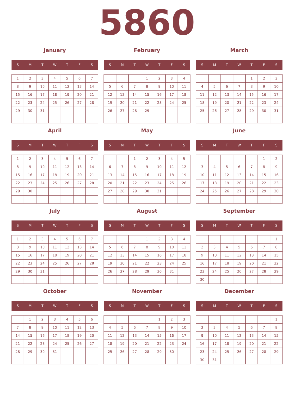 Printable 5860 Year Calendars cordovan