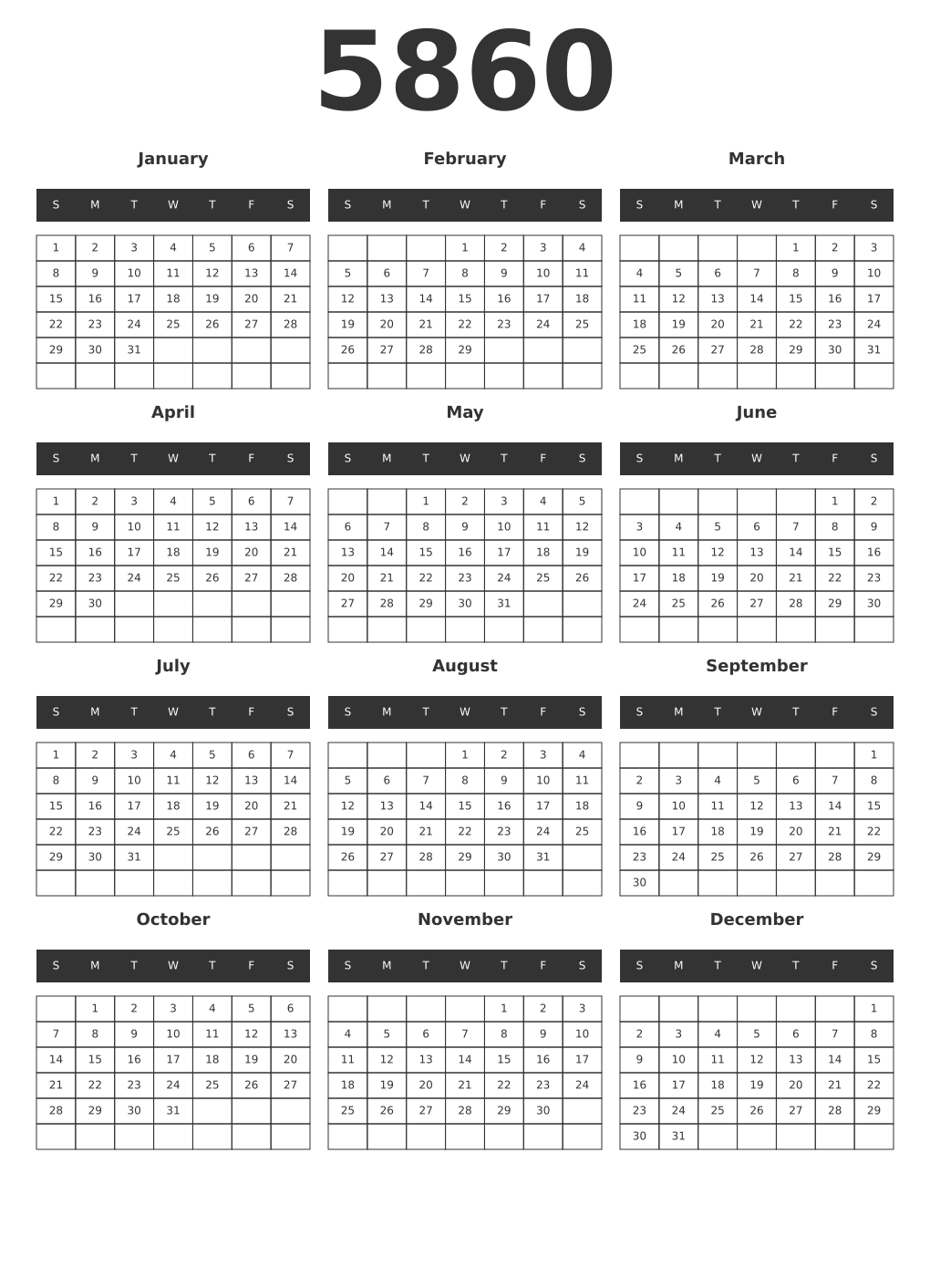 Printable 5860 Year Calendars dark