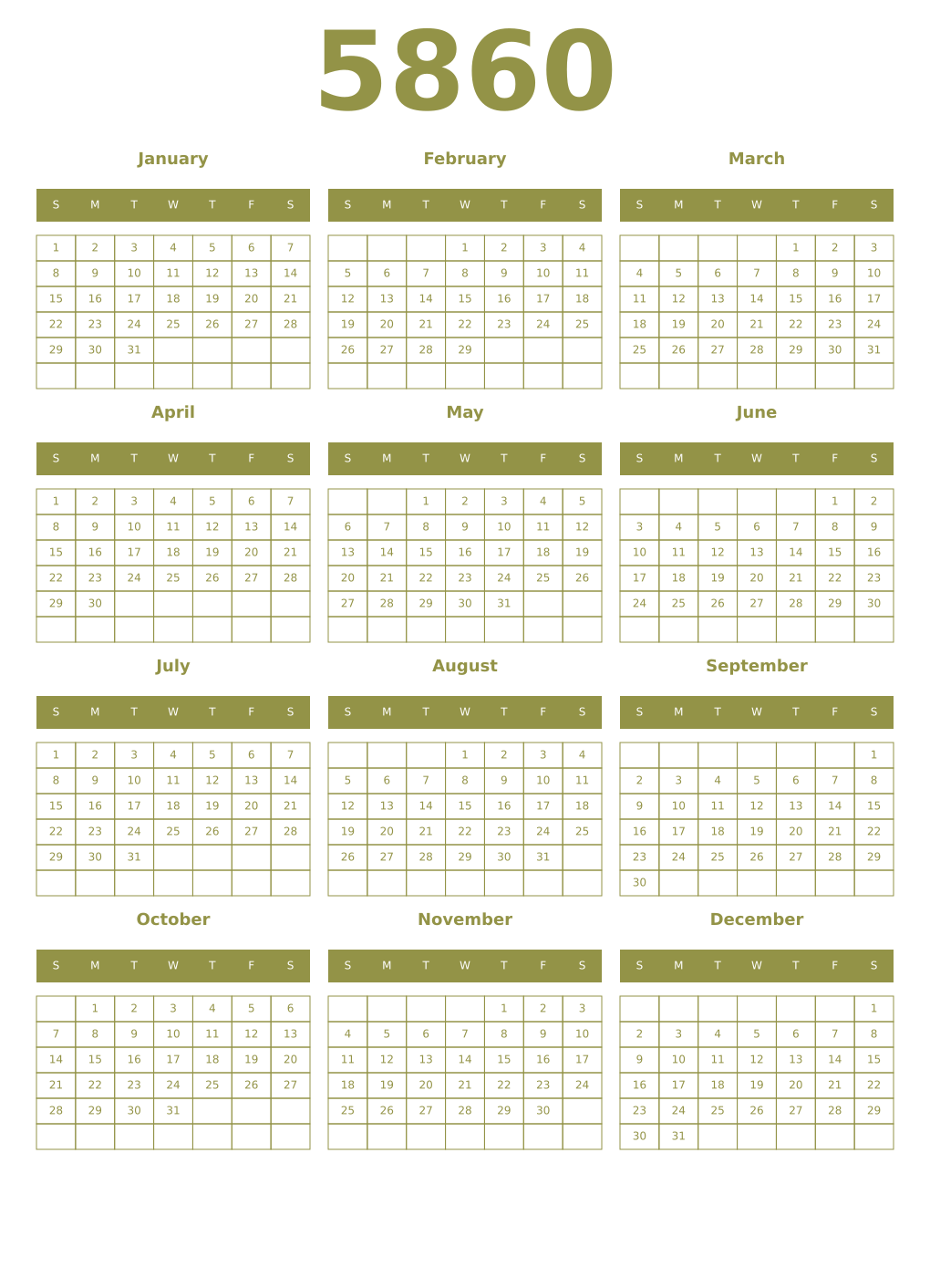 Printable 5860 Year Calendars eburnean