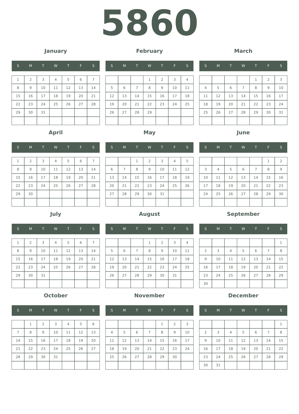 Printable 5860 Year Calendars feldgrau