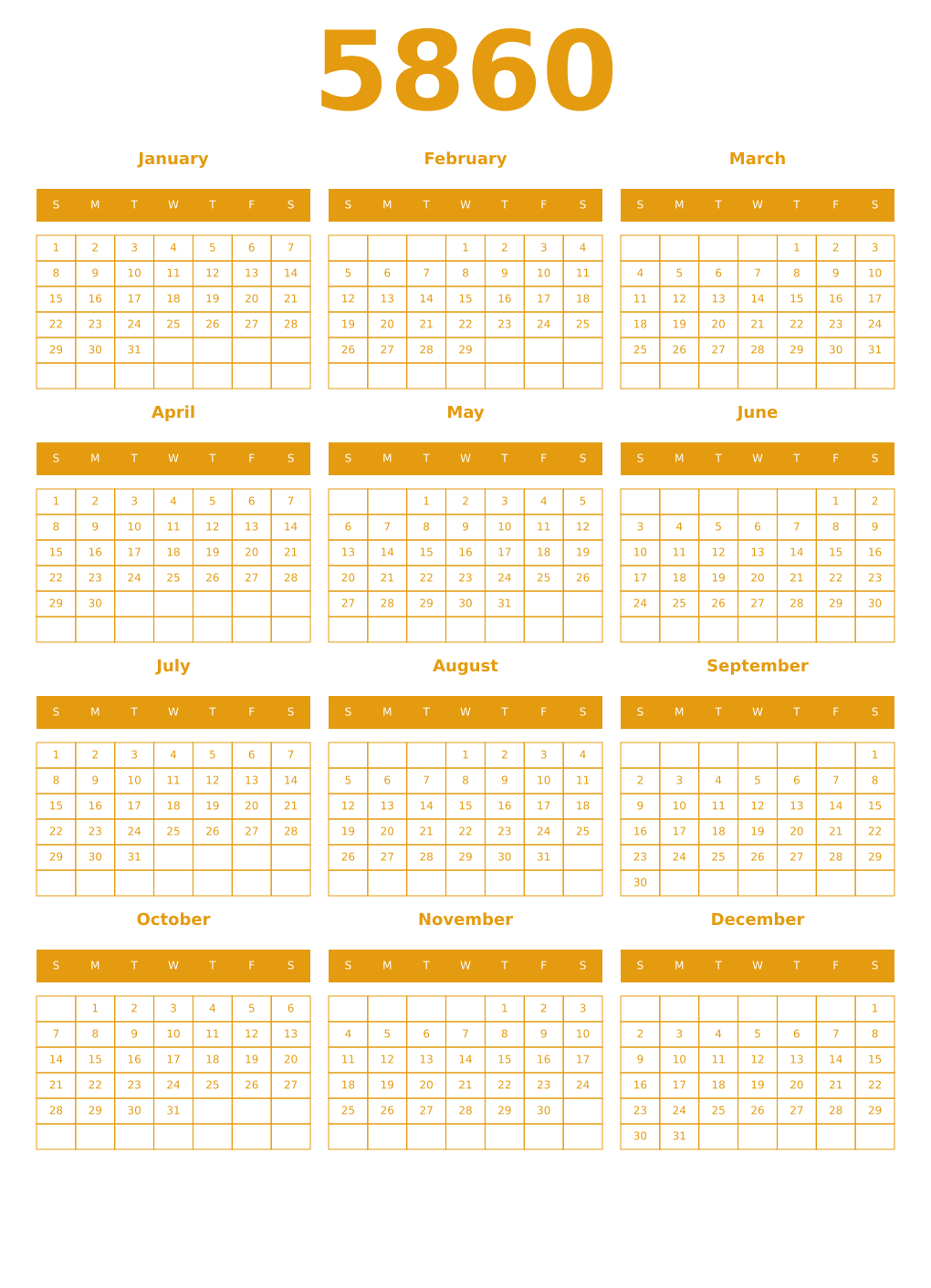 Printable 5860 Year Calendars gamboge