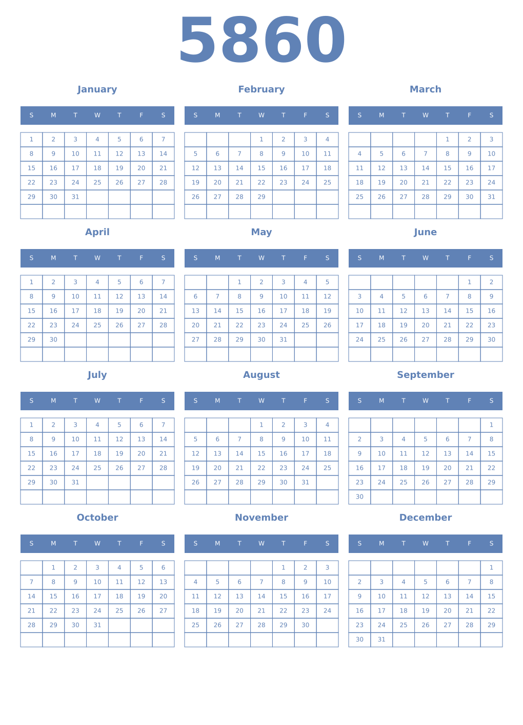 Printable 5860 Year Calendars glaucous