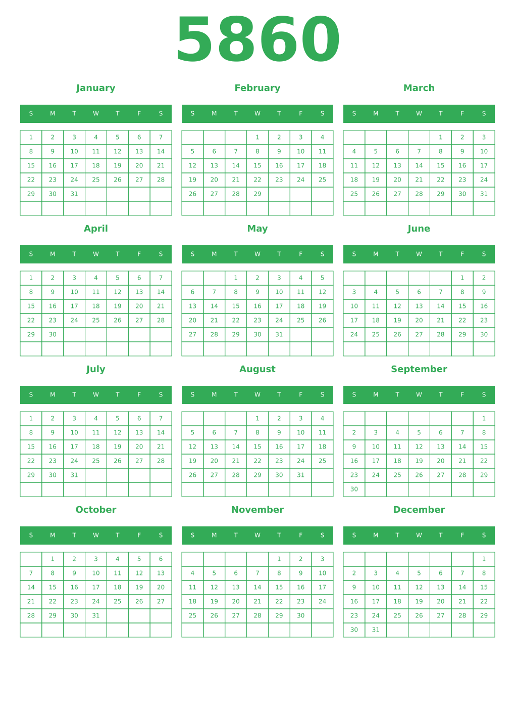 Printable 5860 Year Calendars green