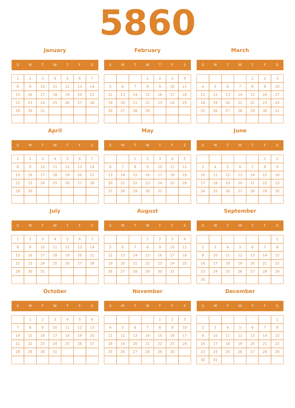 Printable 5860 Year Calendars orange