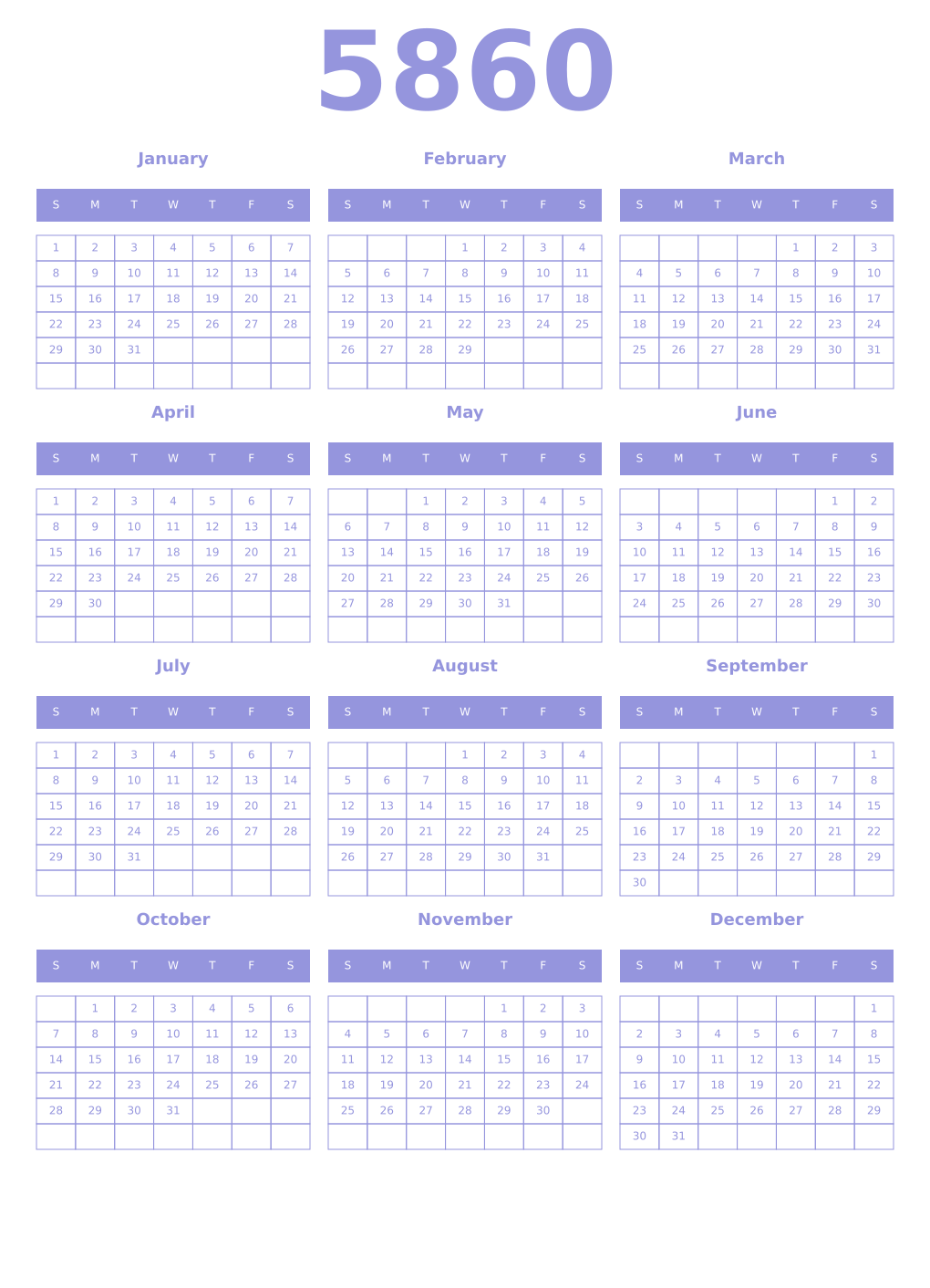 Printable 5860 Year Calendars periwinkle