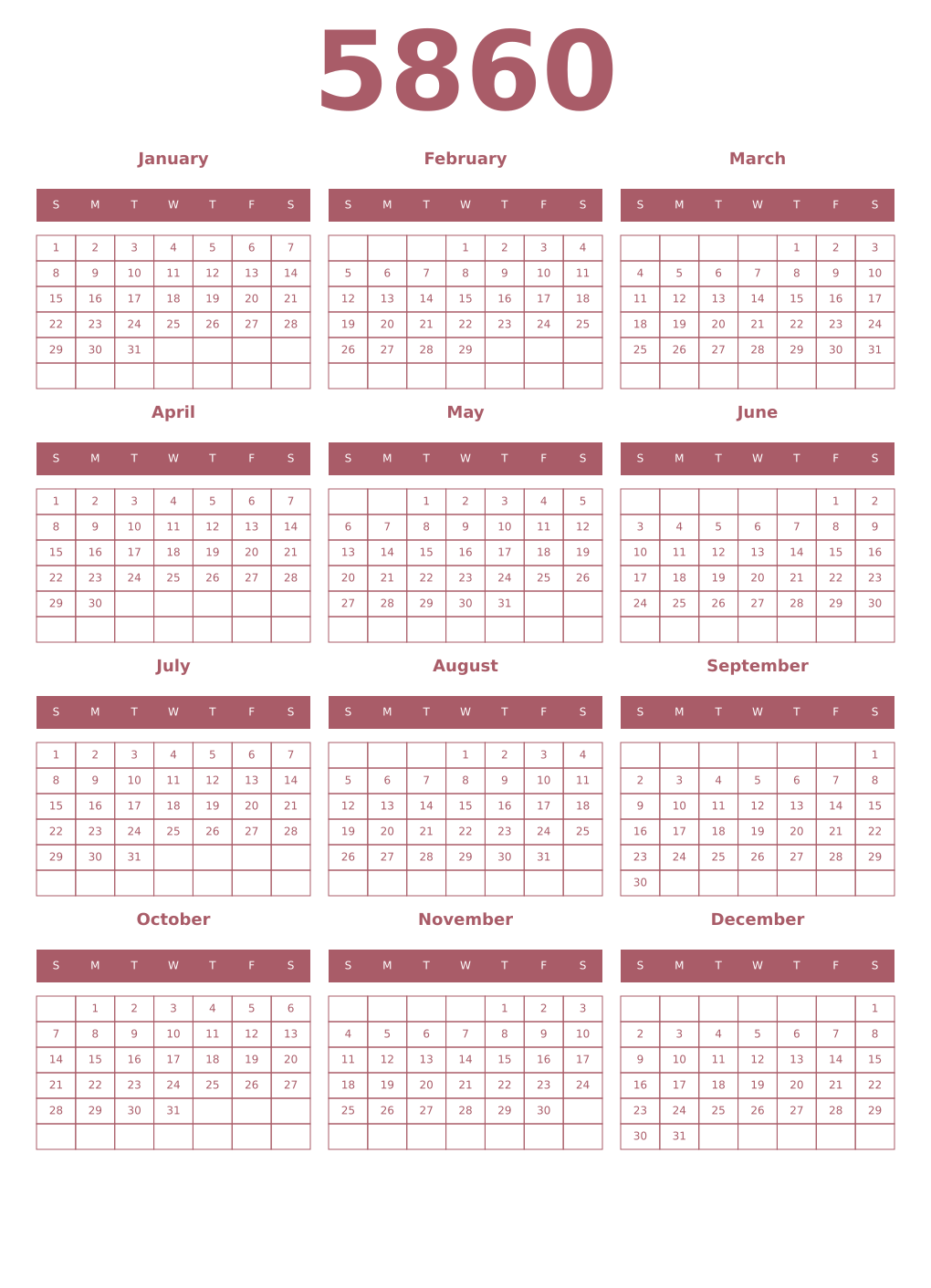 Printable 5860 Year Calendars puce