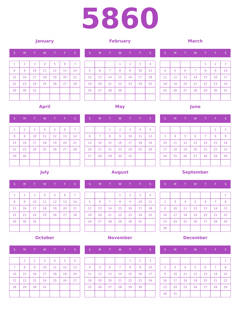 Printable 5860 Year Calendars purple