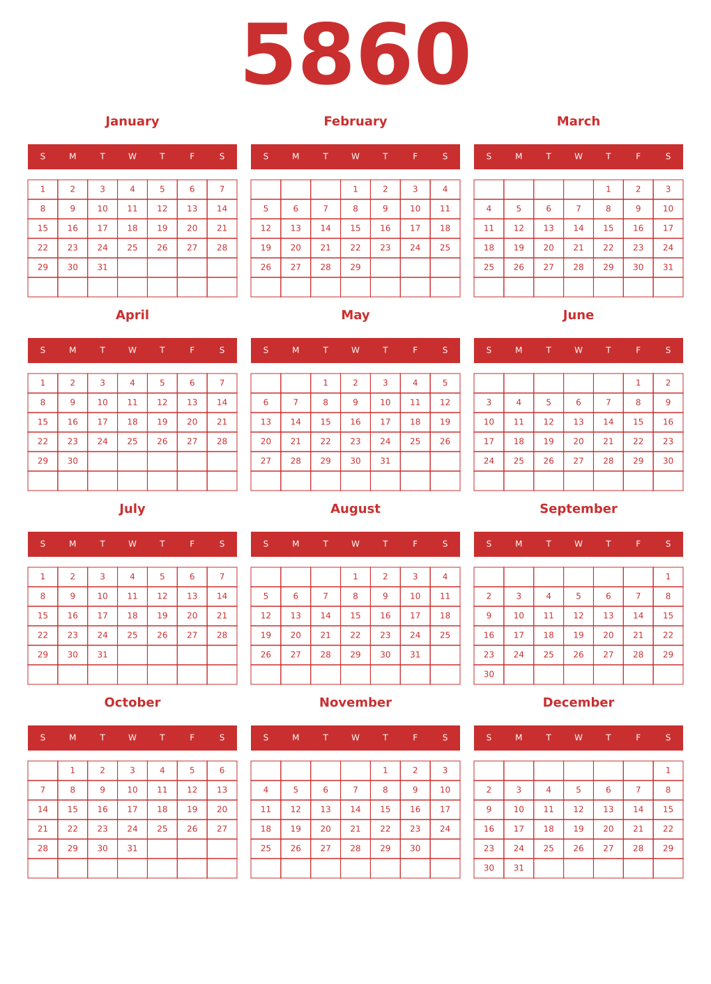 Printable 5860 Year Calendars red
