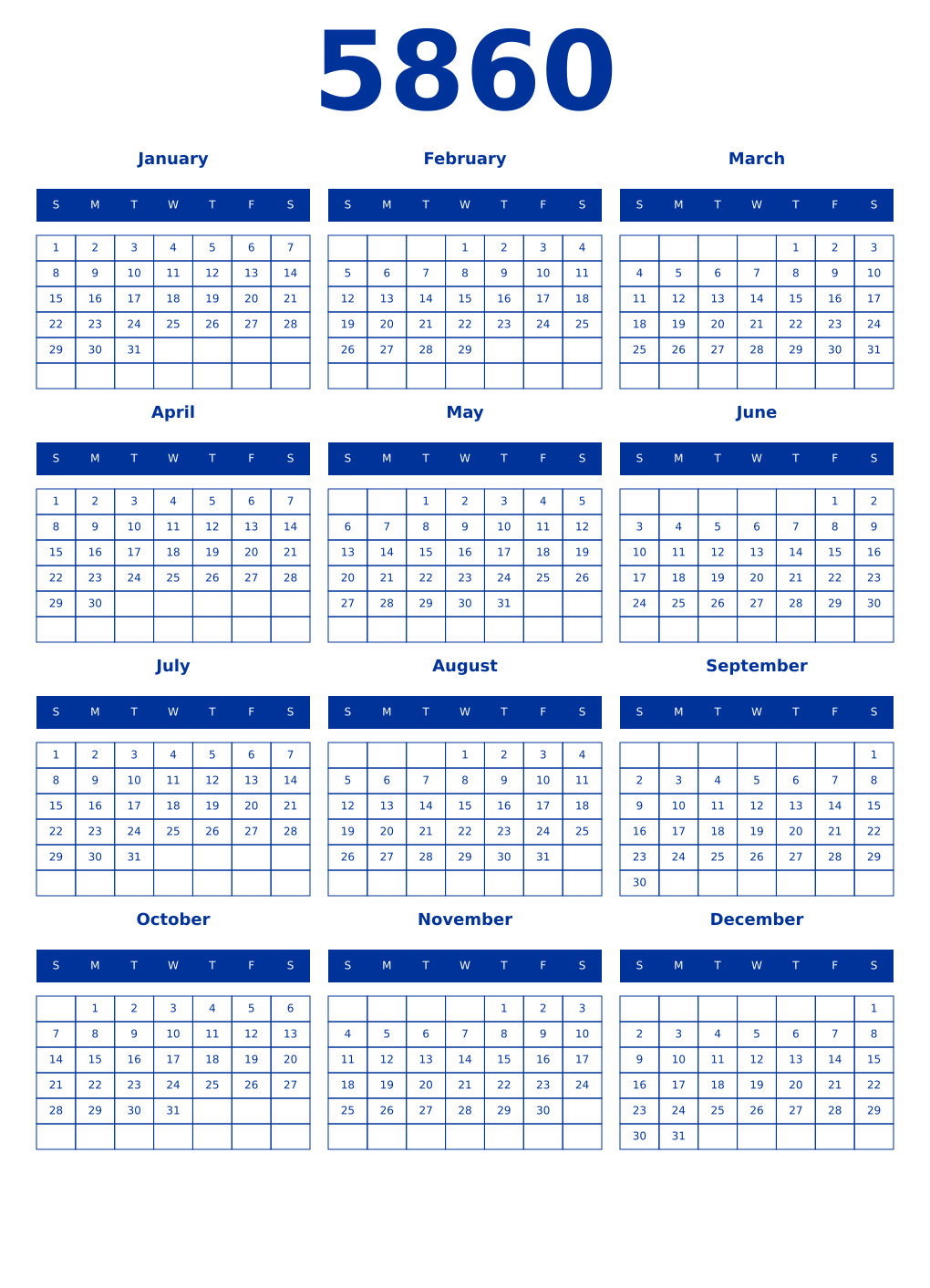Printable 5860 Year Calendars smalt