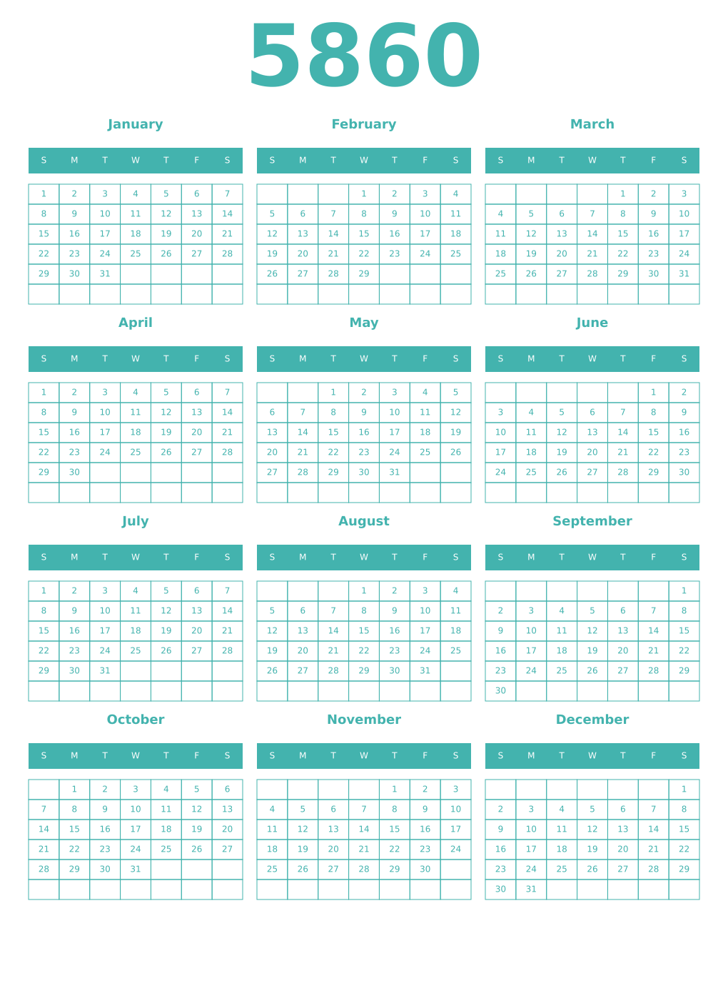 Printable 5860 Year Calendars verdigris