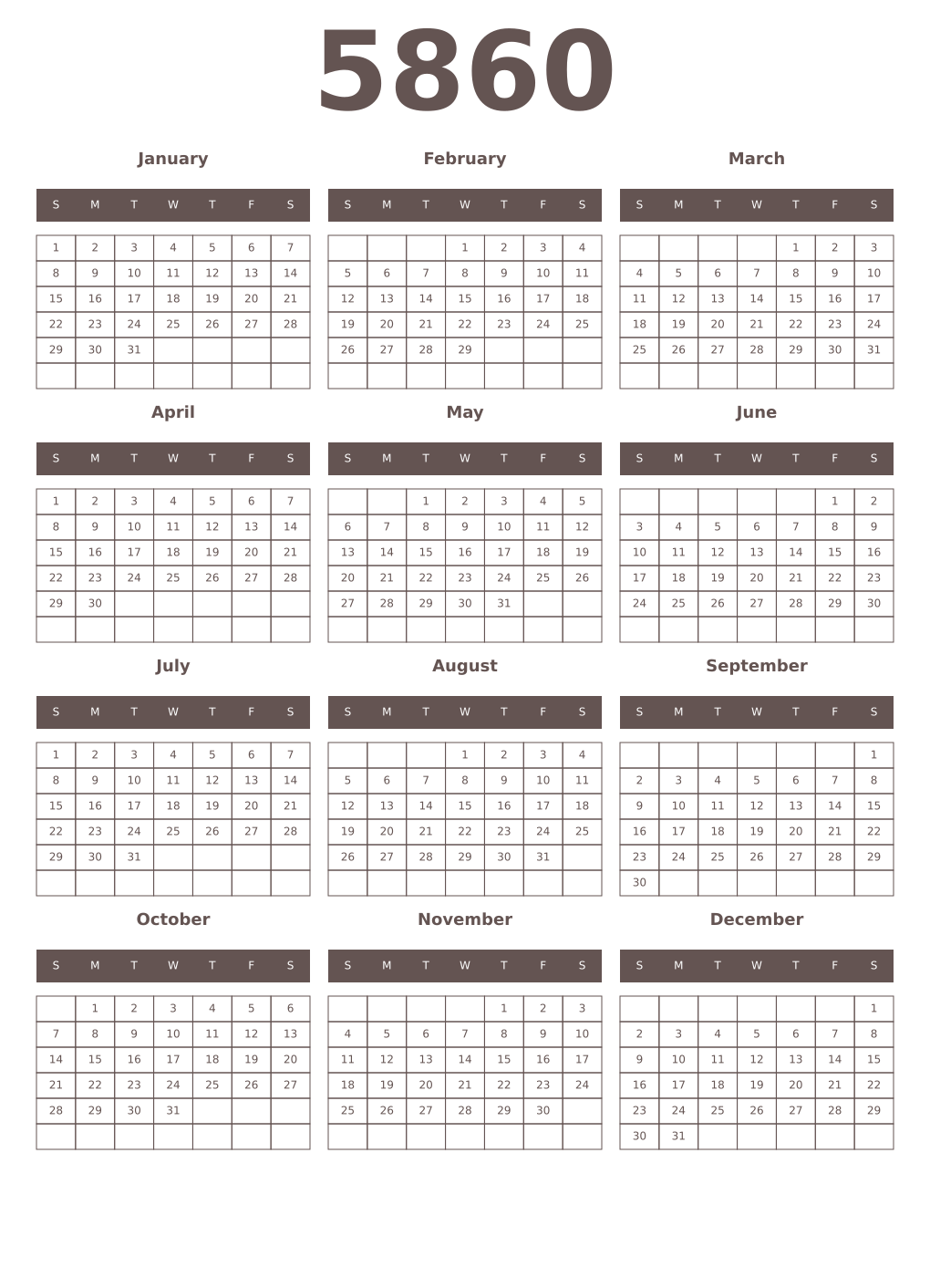 Printable 5860 Year Calendars wenge