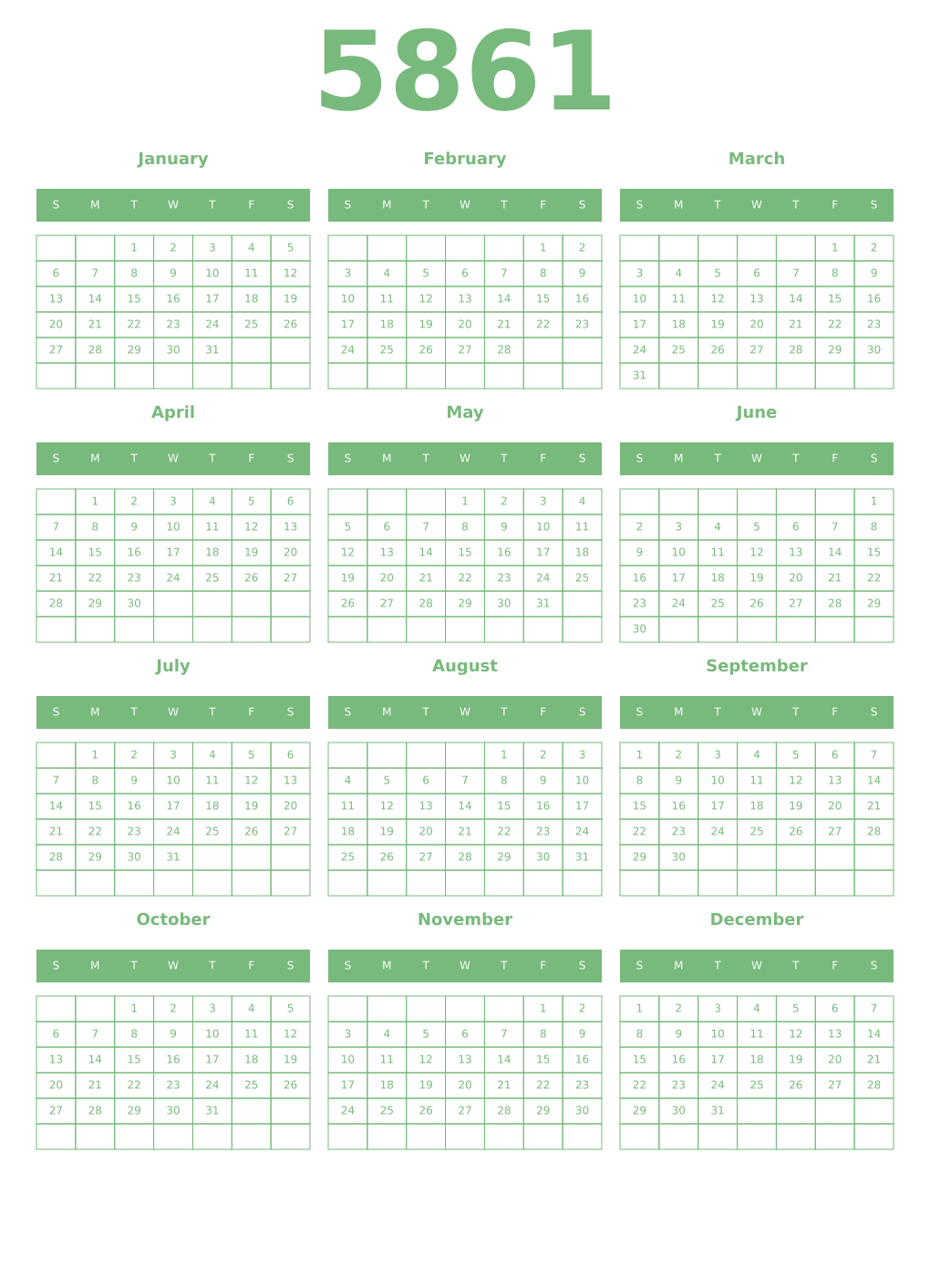 Printable 5861 Year Calendars celadon