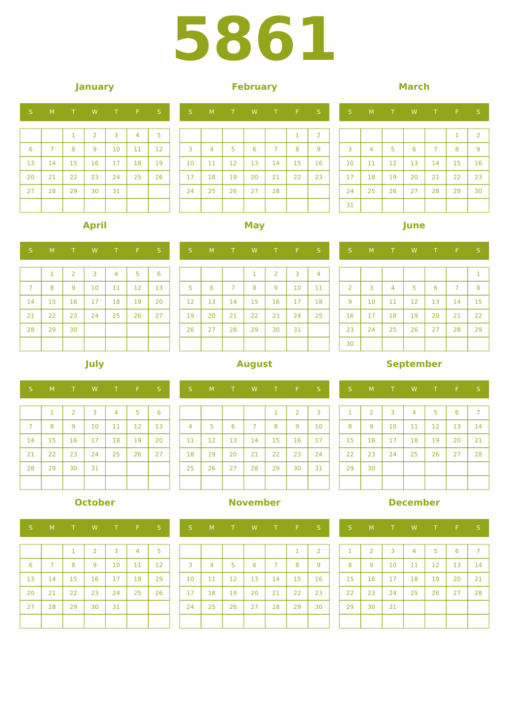 Printable 5861 Year Calendars chartreuse