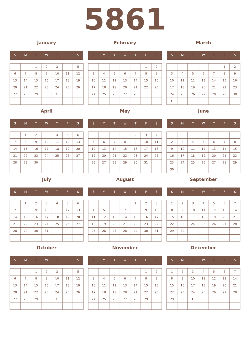 Printable 5861 Year Calendars coffe