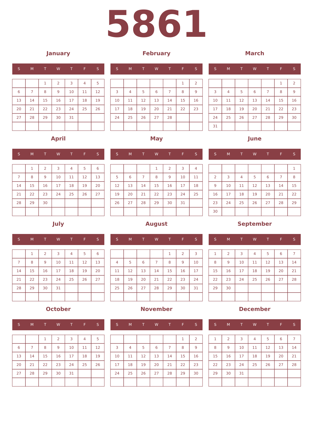 Printable 5861 Year Calendars cordovan