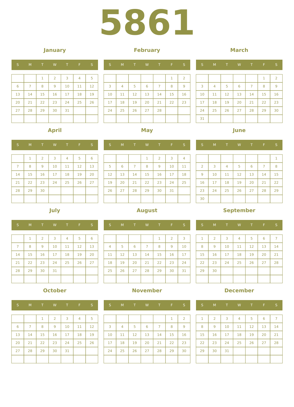 Printable 5861 Year Calendars eburnean