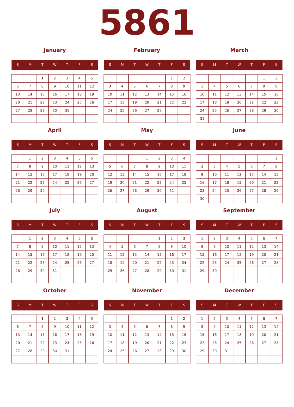 Printable 5861 Year Calendars falu