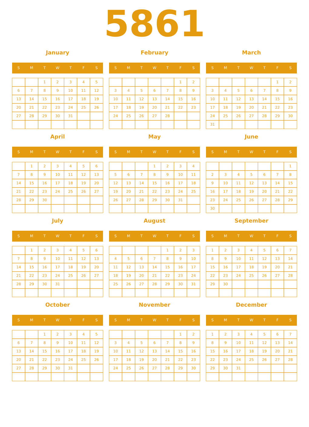 Printable 5861 Year Calendars gamboge
