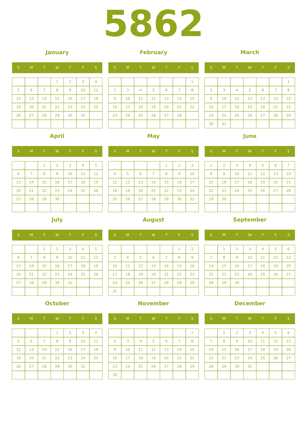 Printable 5862 Year Calendars chartreuse