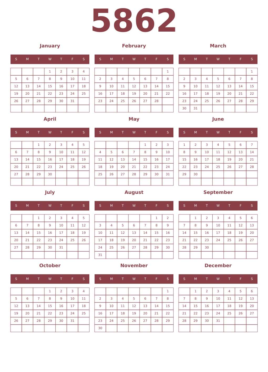 Printable 5862 Year Calendars cordovan