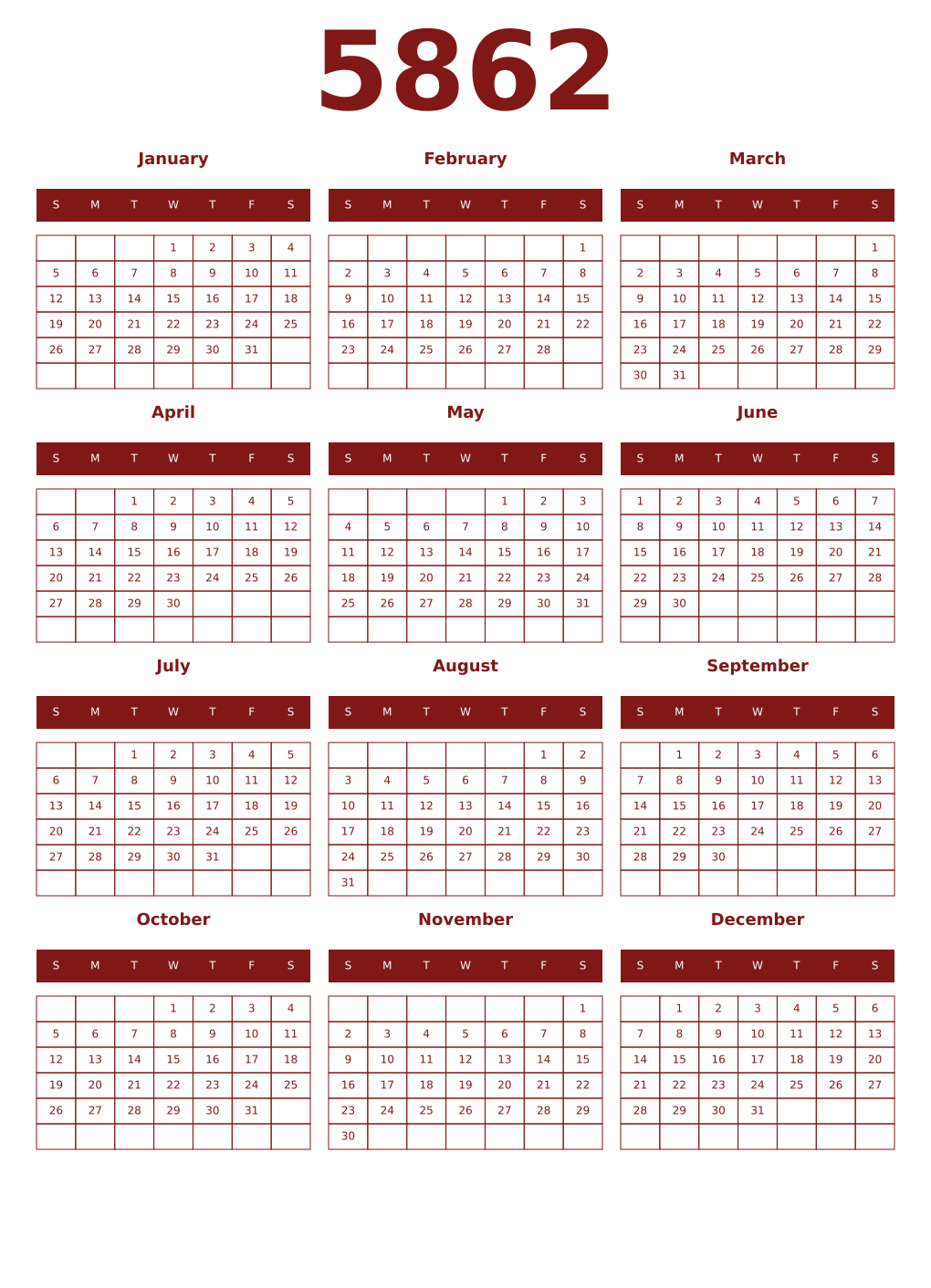 Printable 5862 Year Calendars falu