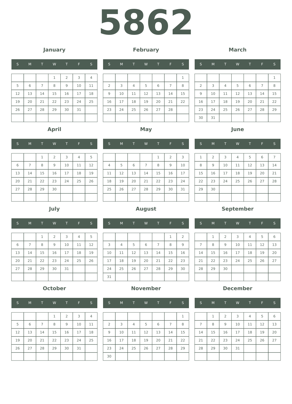 Printable 5862 Year Calendars feldgrau