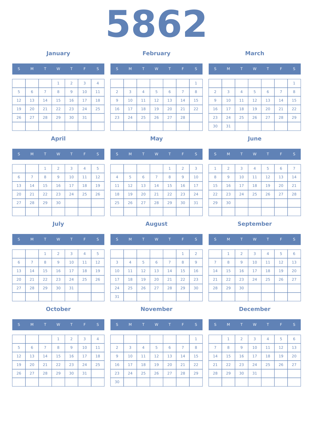 Printable 5862 Year Calendars glaucous