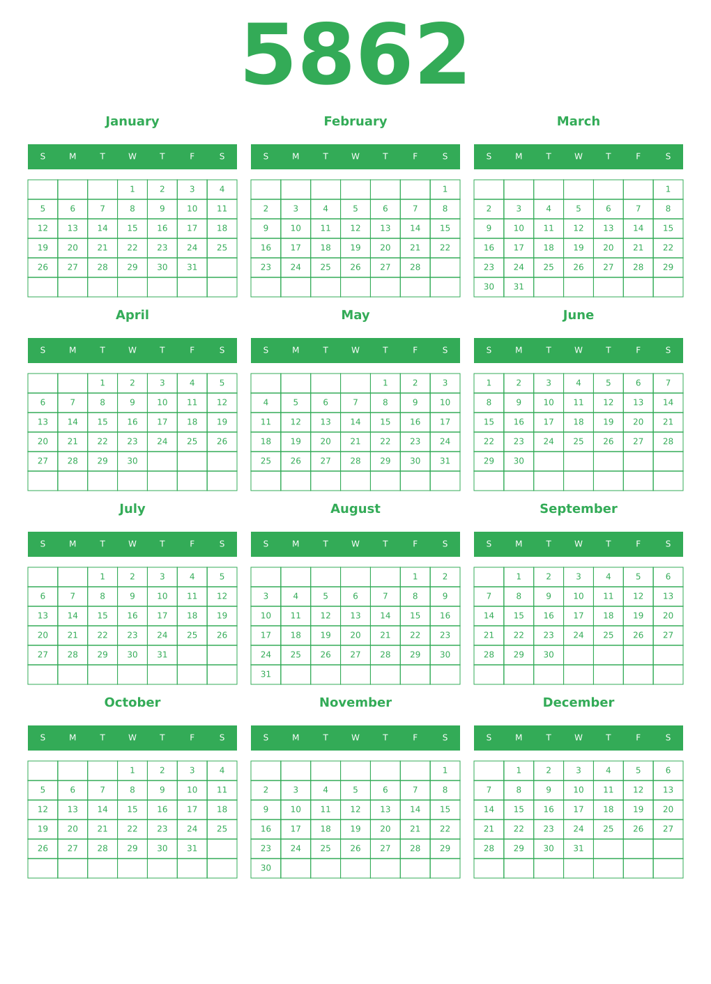 Printable 5862 Year Calendars green