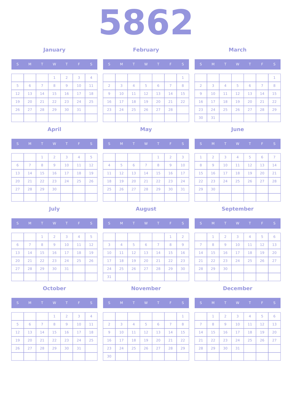 Printable 5862 Year Calendars periwinkle