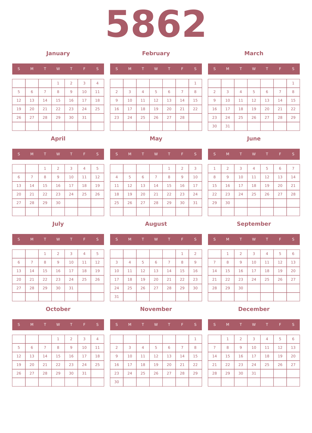 Printable 5862 Year Calendars puce
