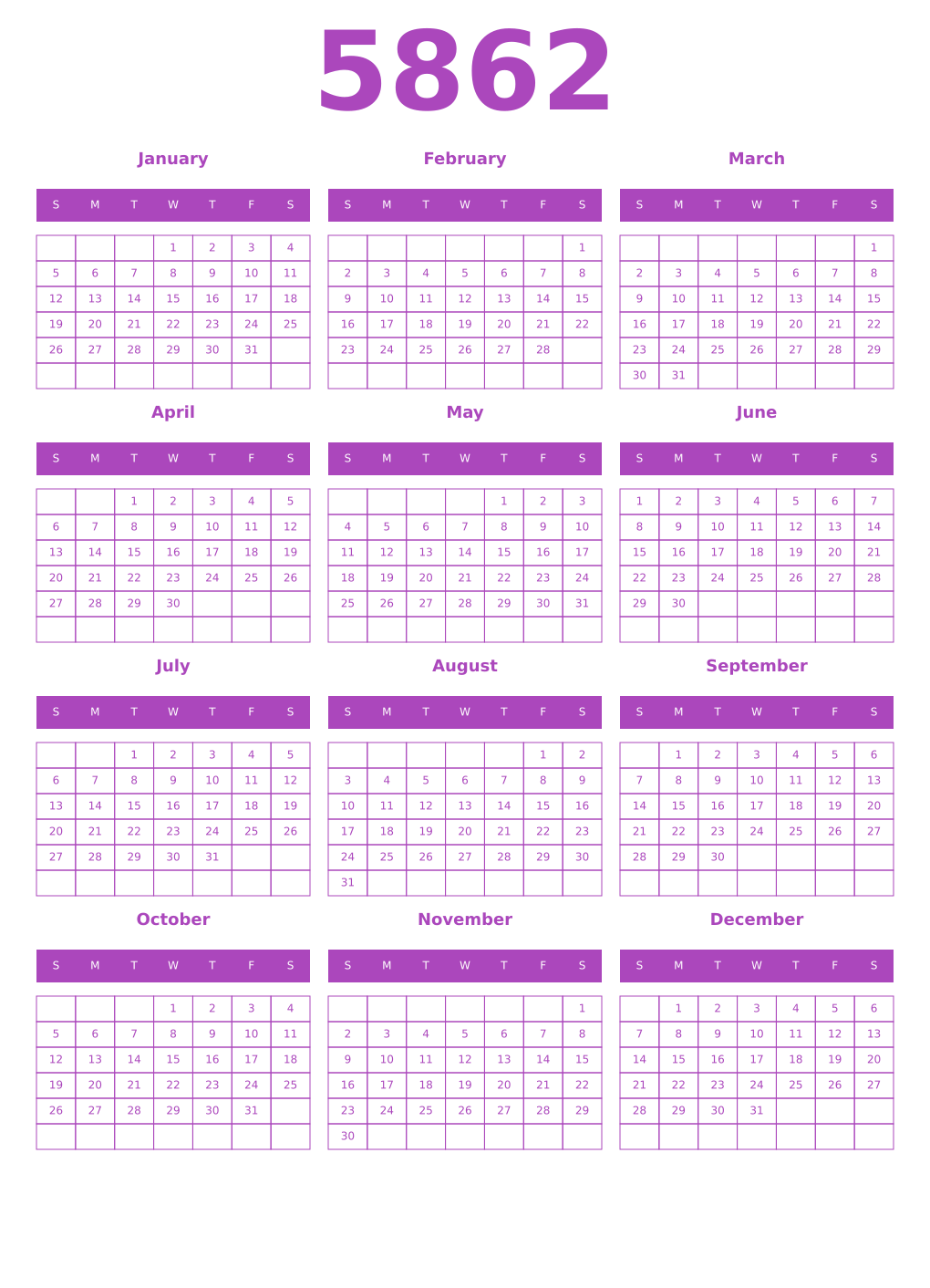 Printable 5862 Year Calendars purple