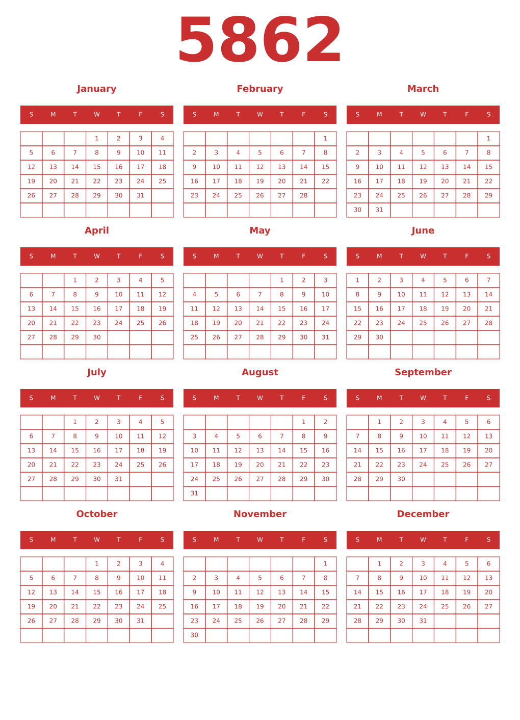 Printable 5862 Year Calendars red