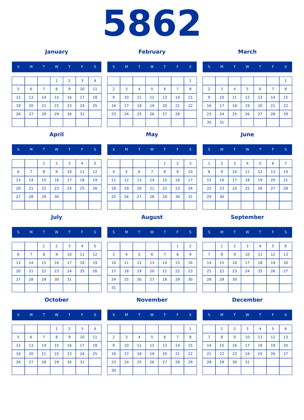 Printable 5862 Year Calendars smalt