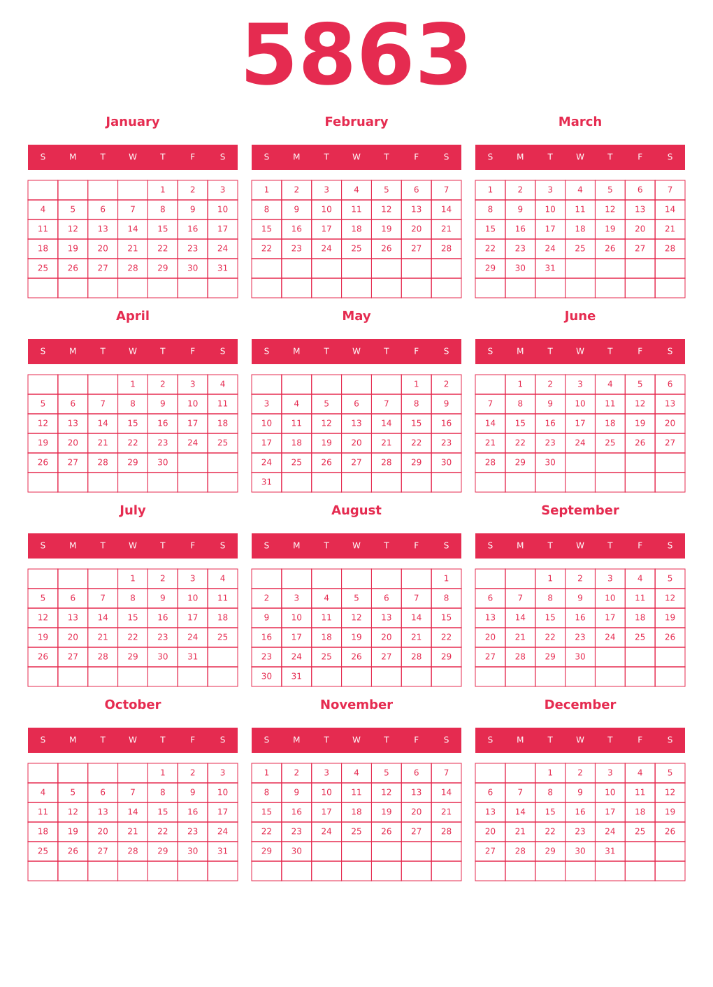 Printable 5863 Year Calendars amaranth
