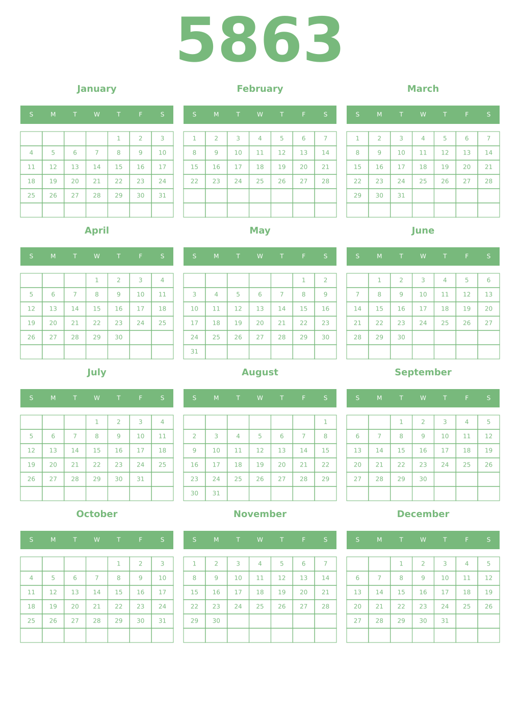Printable 5863 Year Calendars celadon