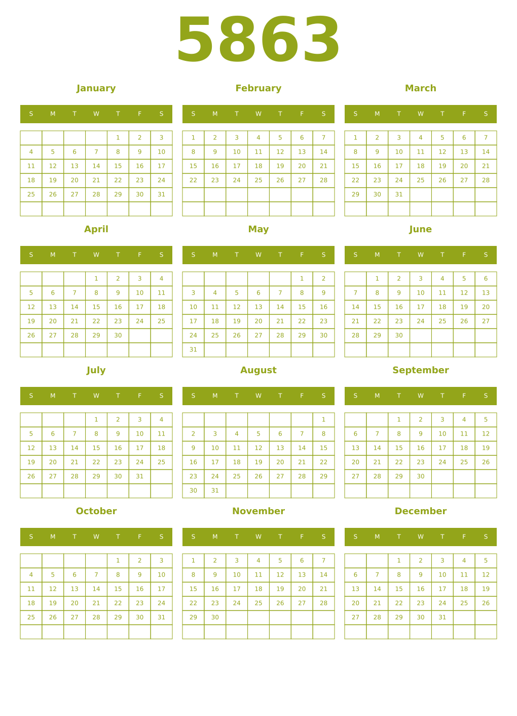 Printable 5863 Year Calendars chartreuse