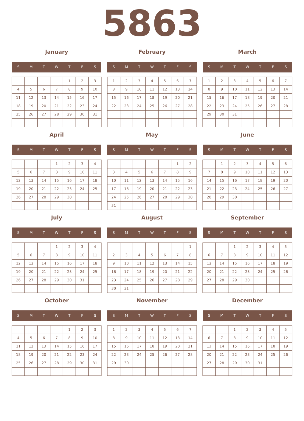 Printable 5863 Year Calendars coffe